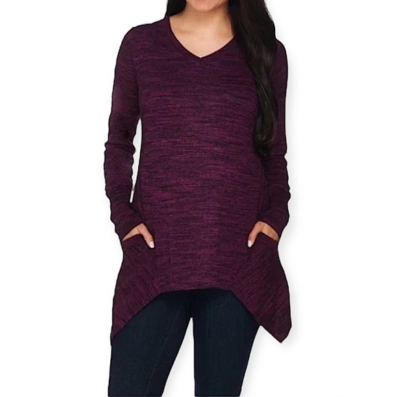 LOGO by Lori Goldstein Cashmere Shark Bite Hem Sweater Purp/Blk XS - Picture 1 of 10